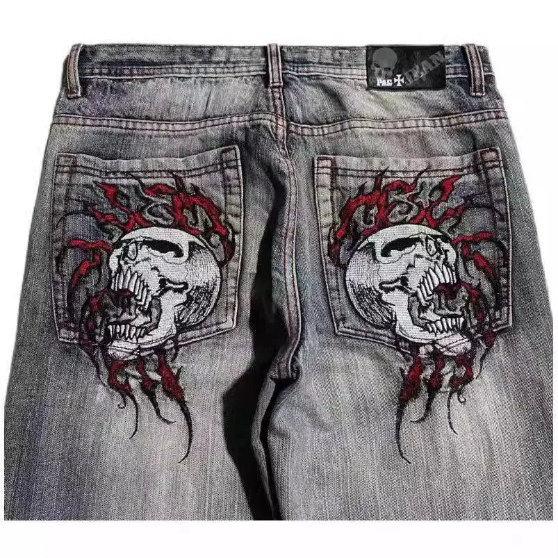 Men's grey washed-out jeans with retro workwear styling and straight-leg wide-leg cut