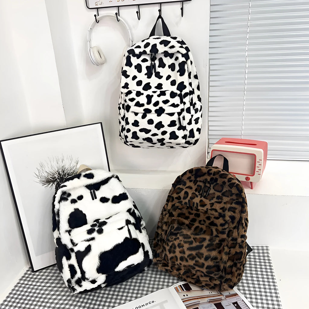 Fall cute plush student backpack with three-dimensional pocket in cow style colour
