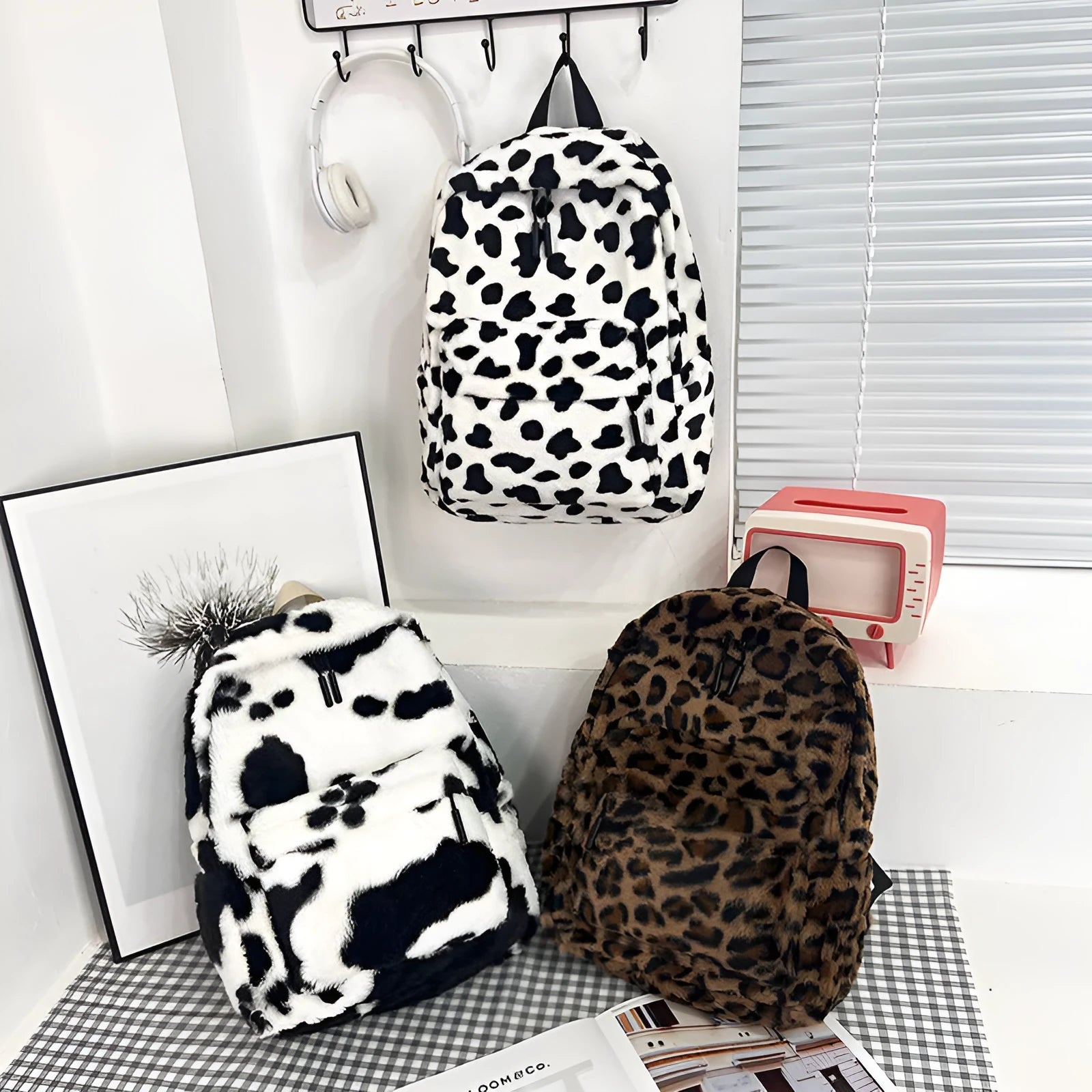 Fall cute plush student backpack with three-dimensional pocket in cow style colour
