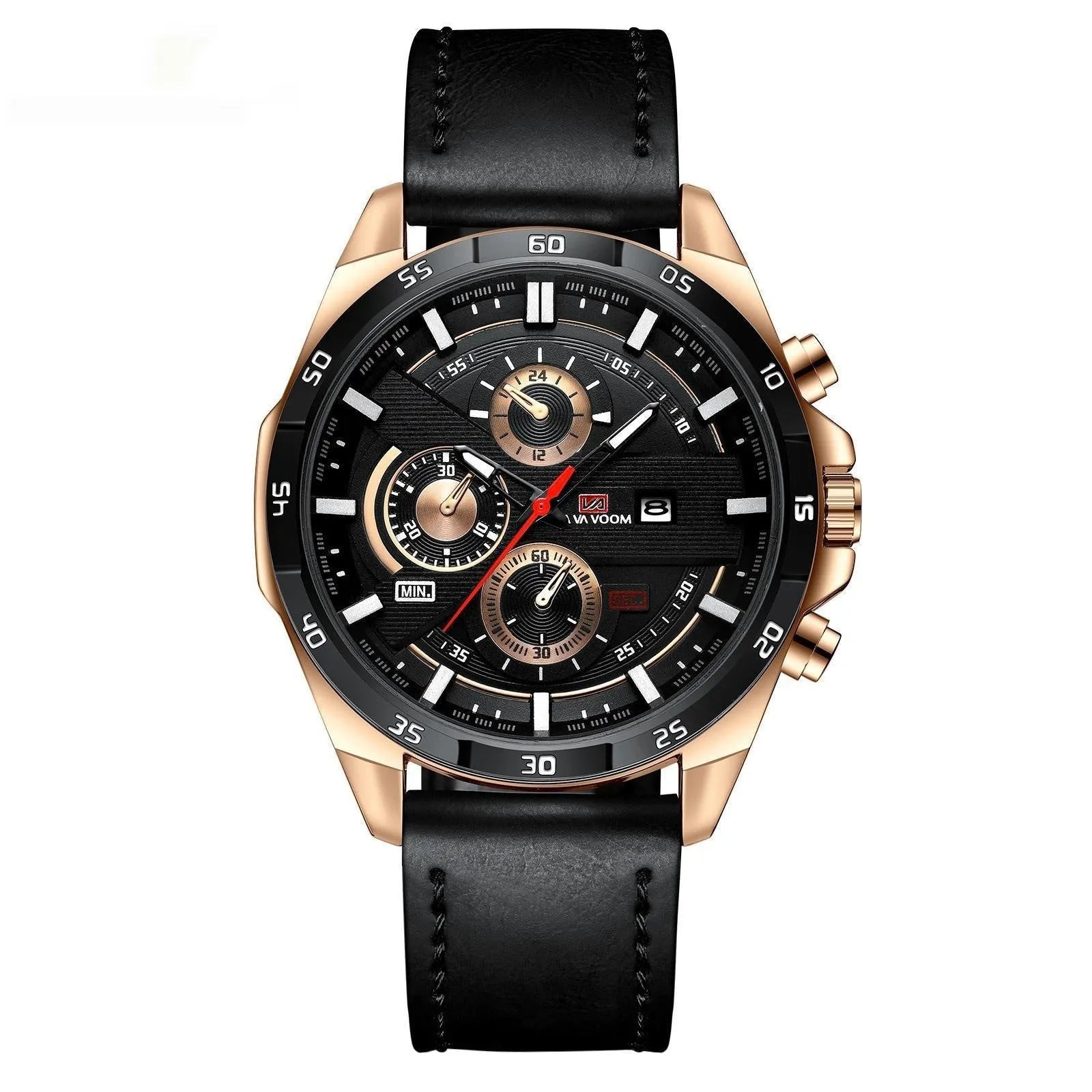 Men's casual quartz watch with business calendar on black leather strap and rose gold case.