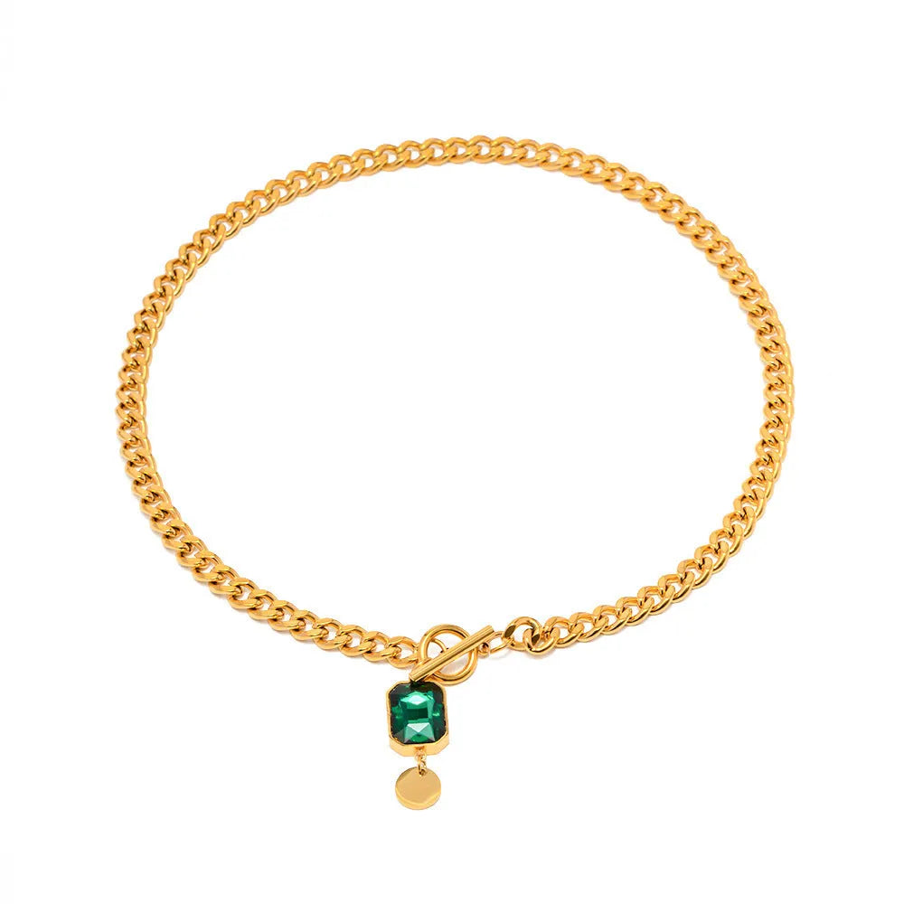 Gold electroplated titanium steel pendant necklace with French retro geometric design and emerald zircon accents