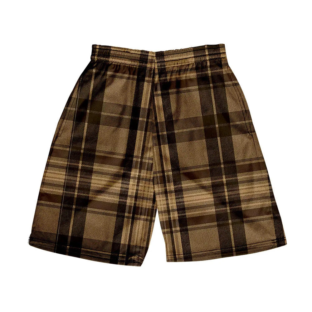 Men's polyester plaid shorts with elastic waistband in straight-leg casual style