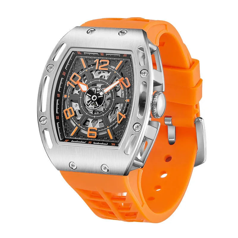 Men's barrel-shaped large dial watch with black ribbon silicone strap, alloy case, and mineral glass