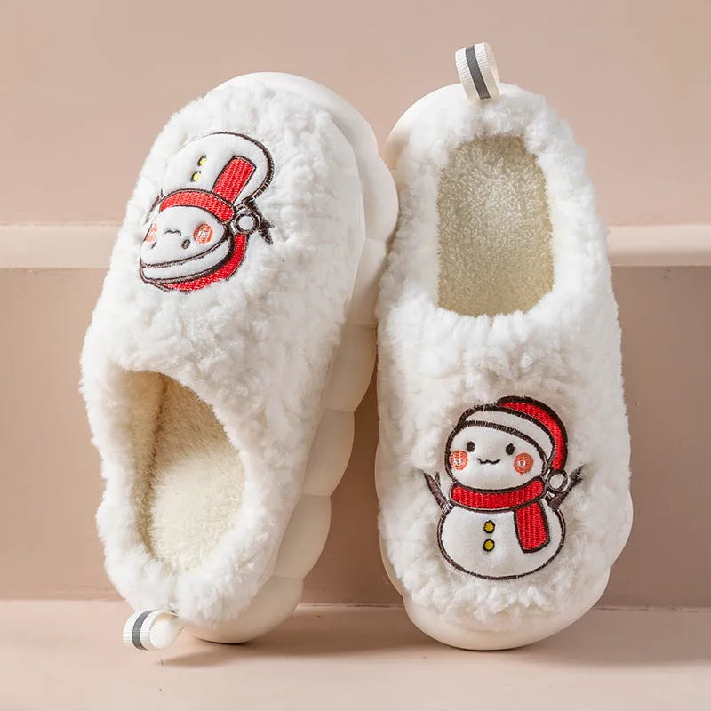 Cute snowman indoor slippers with soft plush upper and anti-slip sole, available in multiple colours