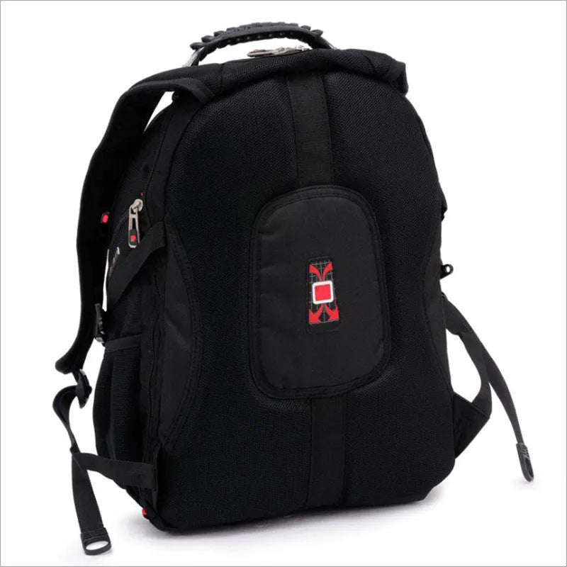 Black business laptop backpack showing multiple compartments and organiser pockets.