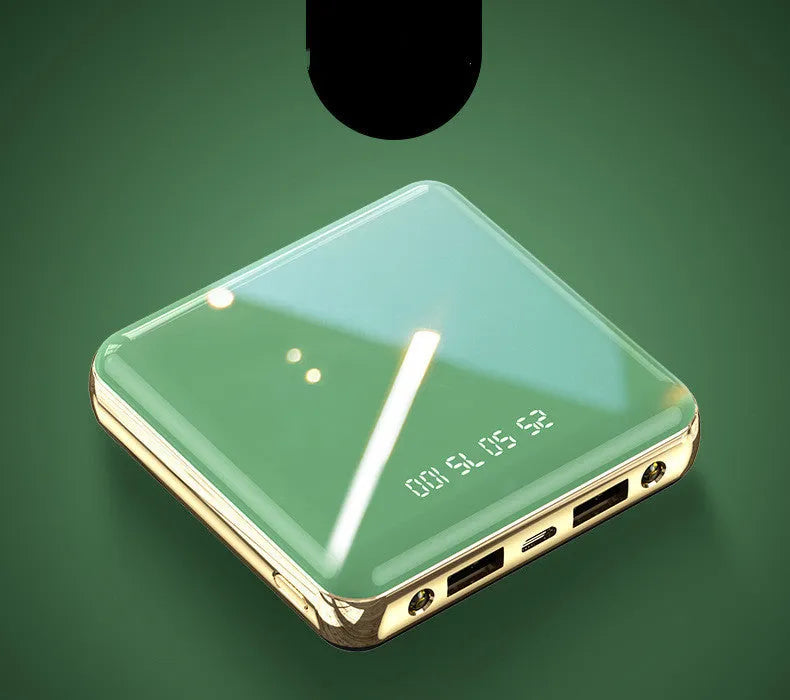 Square mini power bank in blue, green, grey, or red with multi-port USB charging