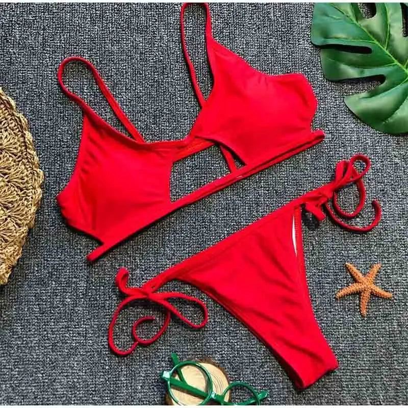 Bikini ladies sexy swimsuit two-piece polyester spandex black red available in sizes S M L