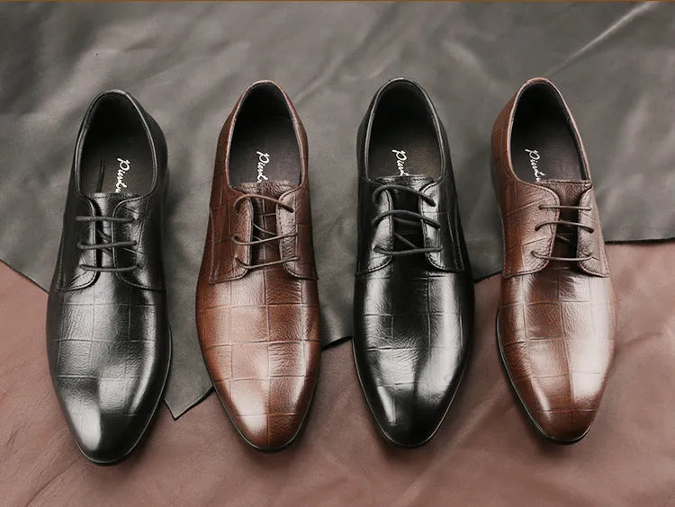 Men's black checkered leather derby shoes with pointed toe and rubber sole