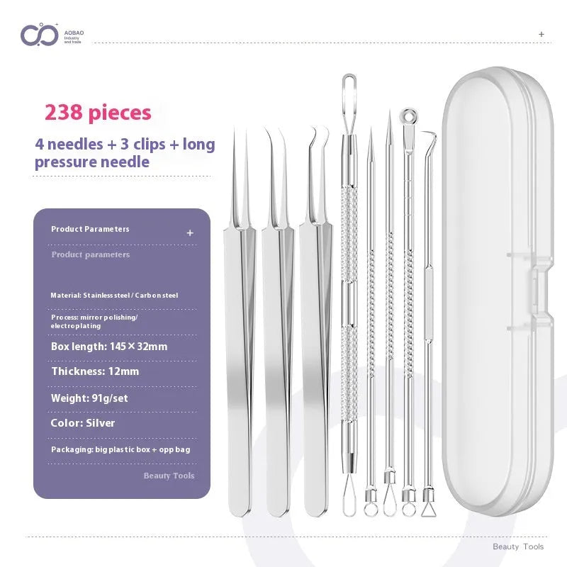 Four silver metal acne needles with ultra-fine pointed tips for skin treatment.