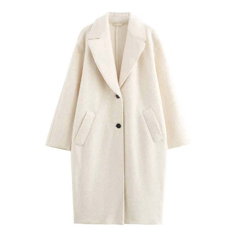 Women's long cashmere blend single-breasted lapel coat loose fit commuter thick winter coat picture colour Asian sizing