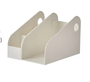 Plastic desktop storage box with two shelves in milk coffee colour, dimensions 14.5x17x22 cm