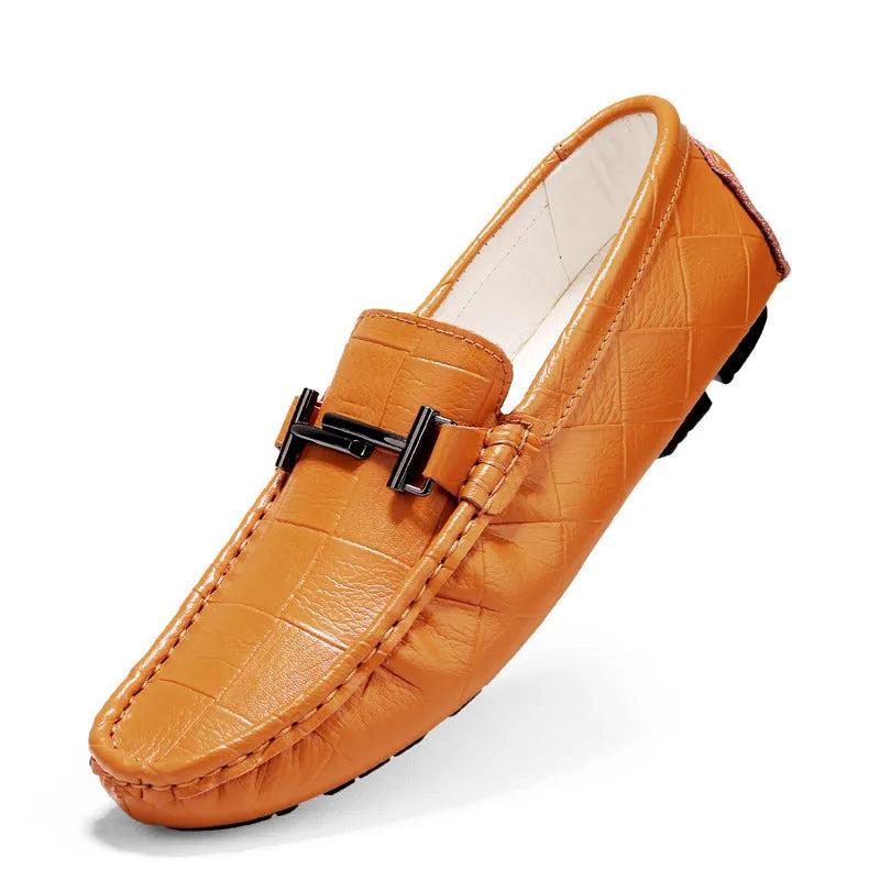 Men's leather casual shoes with buckle detail in four colour options showing flat heel and rubber sole