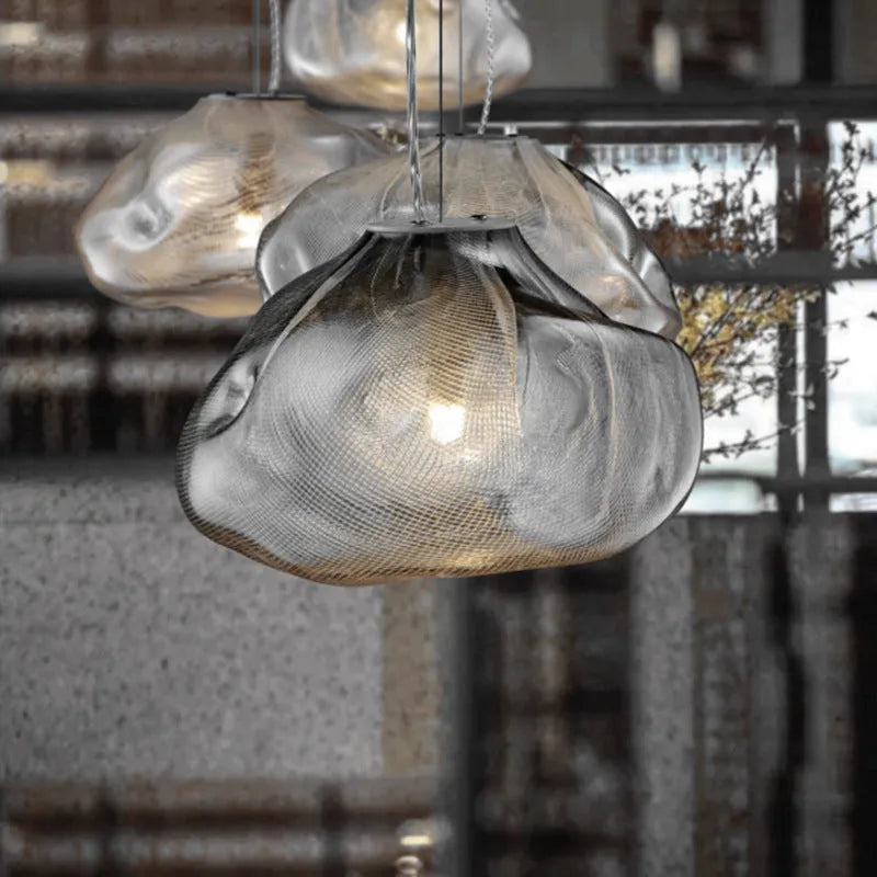 Glass shade decorative chandelier with fabric elements and E27 lamp holder in modern style