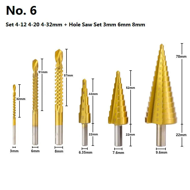 Step drill bit and centre punch set in high speed steel with colour-coded options for metalworking
