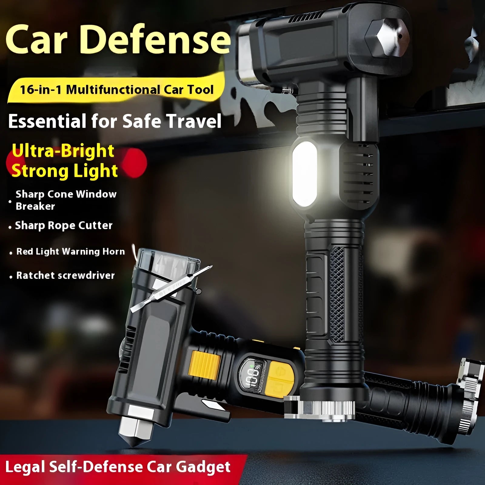 Multi-function automobile safety hammer flashlight with red warning light and black ABS housing