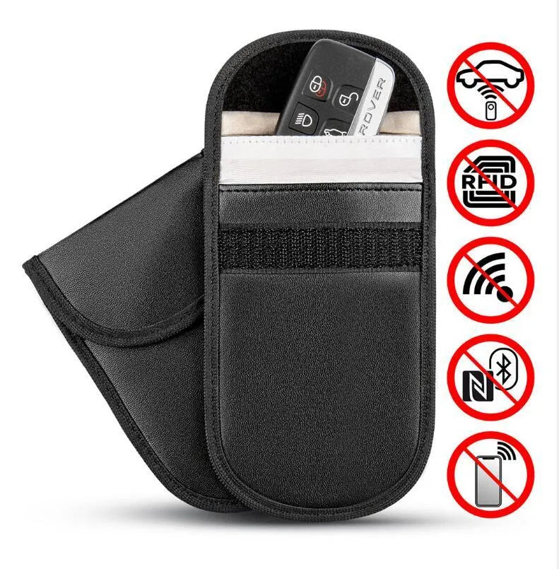 Black microfiber Faraday cage pouch for blocking car key fob and smartphone RFID signals.
