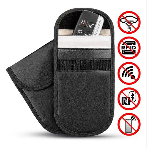 Black microfiber Faraday cage pouch for blocking car key fob and smartphone RFID signals.
