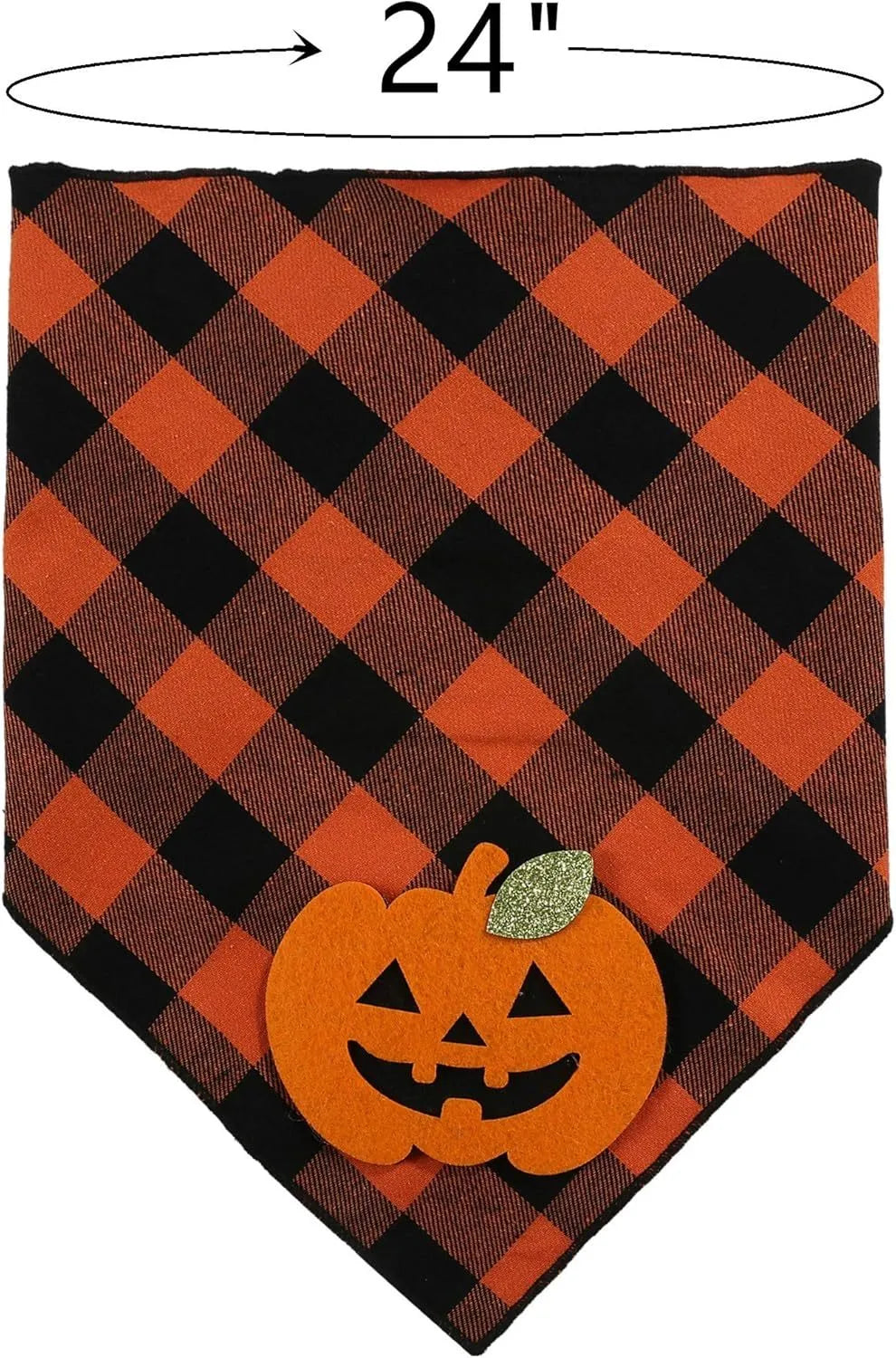 Orange plaid Halloween dog bandana with pumpkin and skeleton felt appliques on a white background