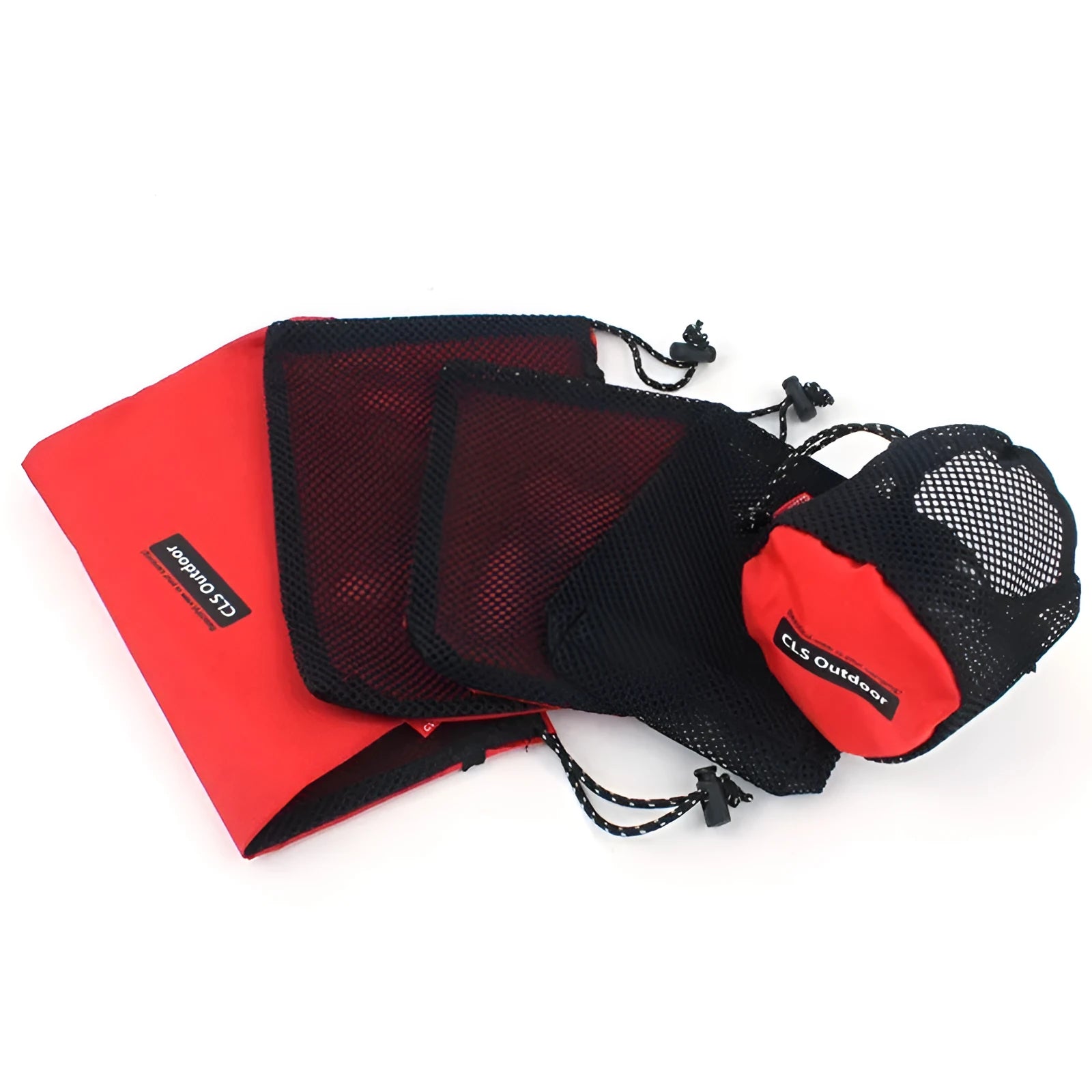 Set of five red outdoor travel storage bags made from Oxford cloth and mesh with zippers.