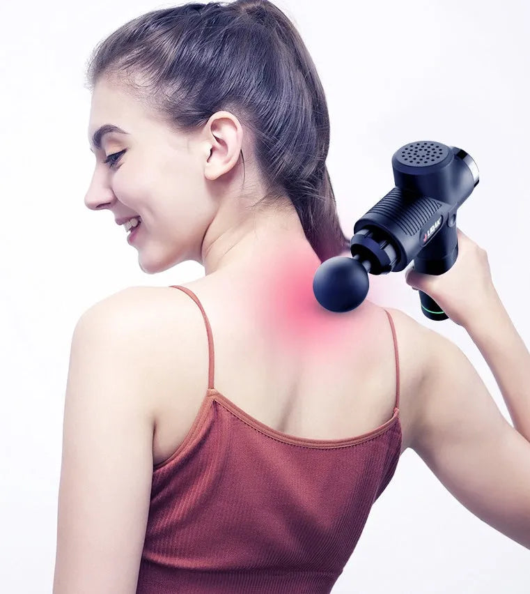Fascia massage gun with 30-speed settings, 24V brushless motor, and six massage heads in black colour