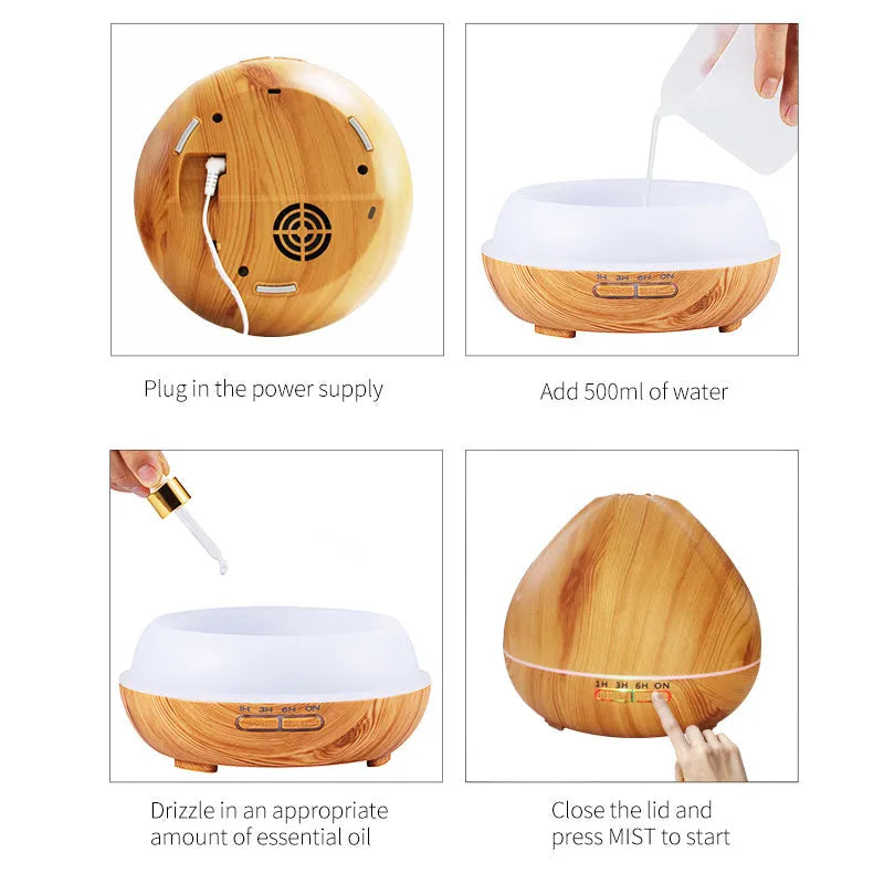 Air humidifier aromatherapy machine with 500ml capacity in dark wood finish on a table