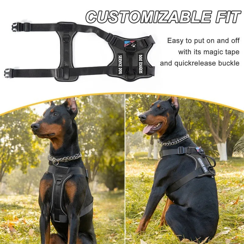 Shock absorption reflective nylon pet tactical chest strap in black with adjustable buckles