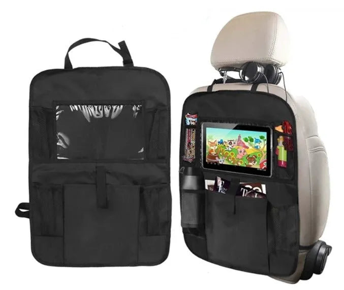 Car seat back storage bag in 600D Oxford cloth with mesh pocket, 61x41cm, hanging on seat back