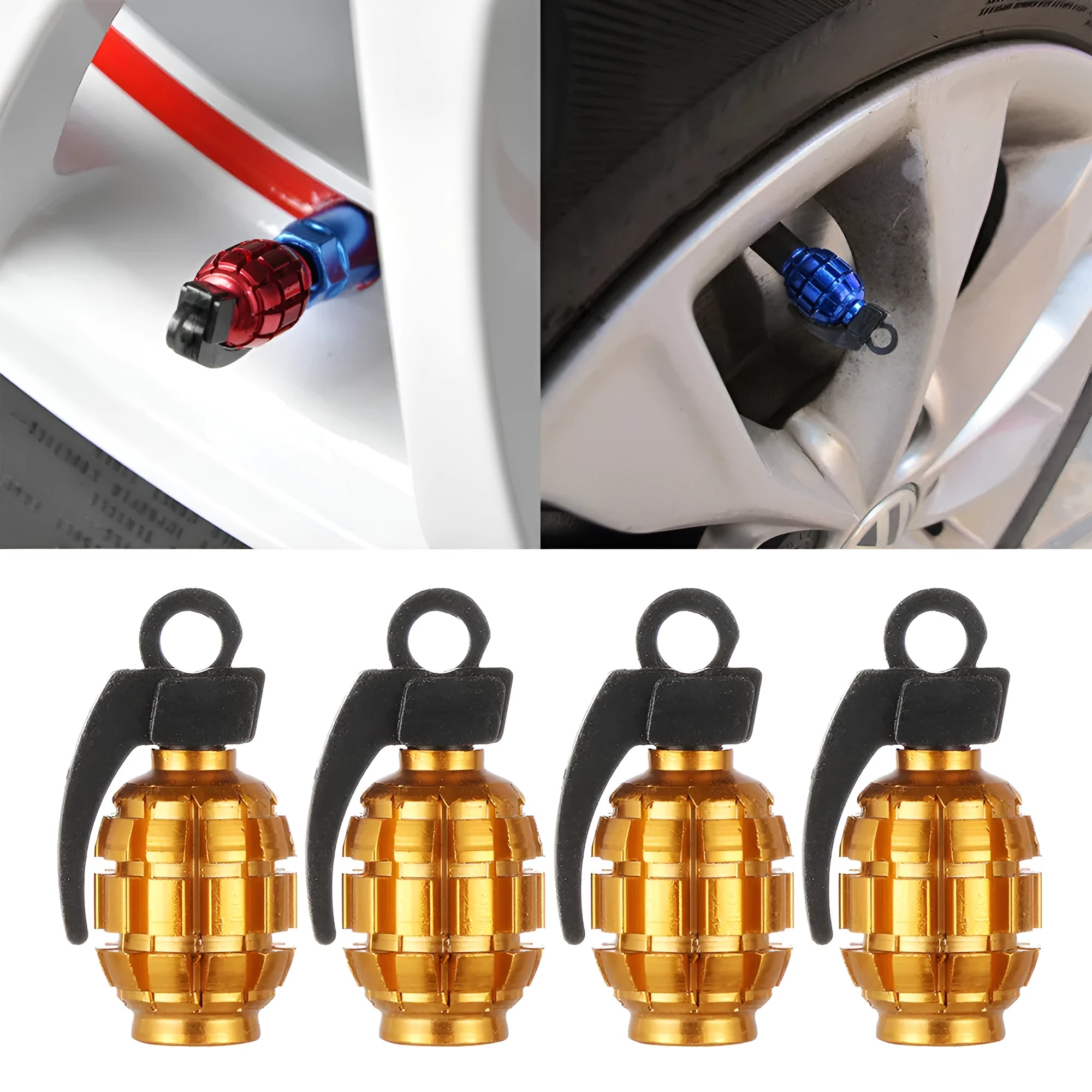 Two car tyre valve caps in blue and gold on a wheel rim