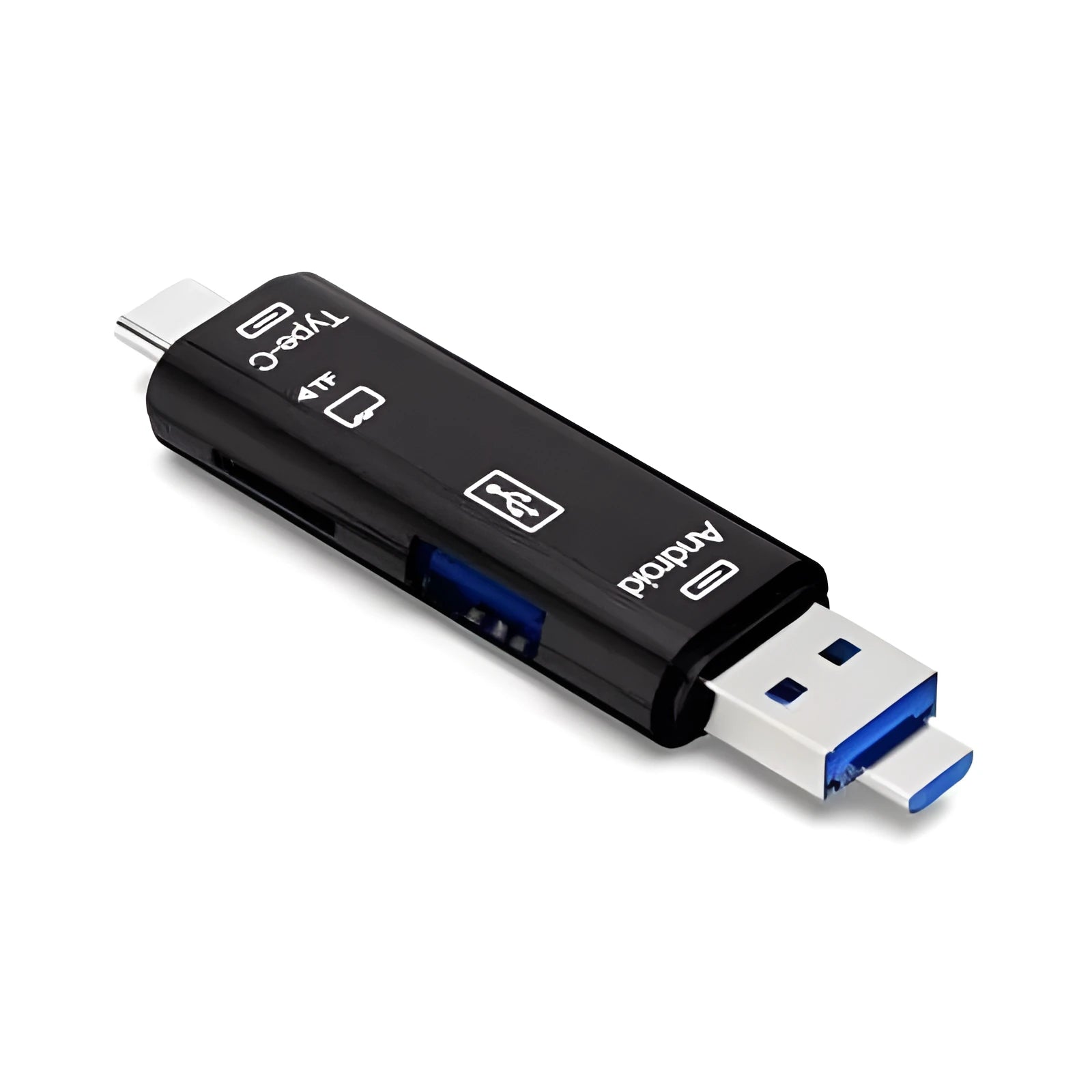Black and white USB OTG hub adapter with Type-C plug, Micro USB plug, SD card slot, and USB-A port.