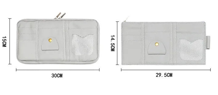 Full leather wrap PU leather car sun visor organizer with net bag, card holder, and zipper compartments in black
