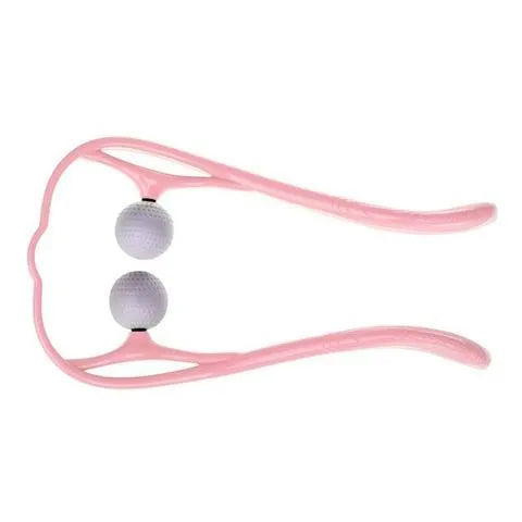 Blue plastic swan-shaped neck massager with hand roller and adjustable stand on a white background