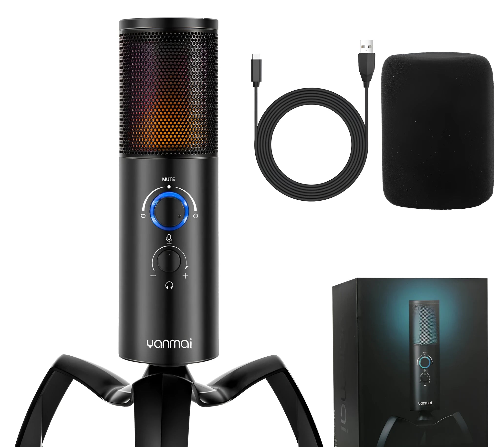 Black Q18 USB condenser microphone with RGB lighting on a metal tripod stand