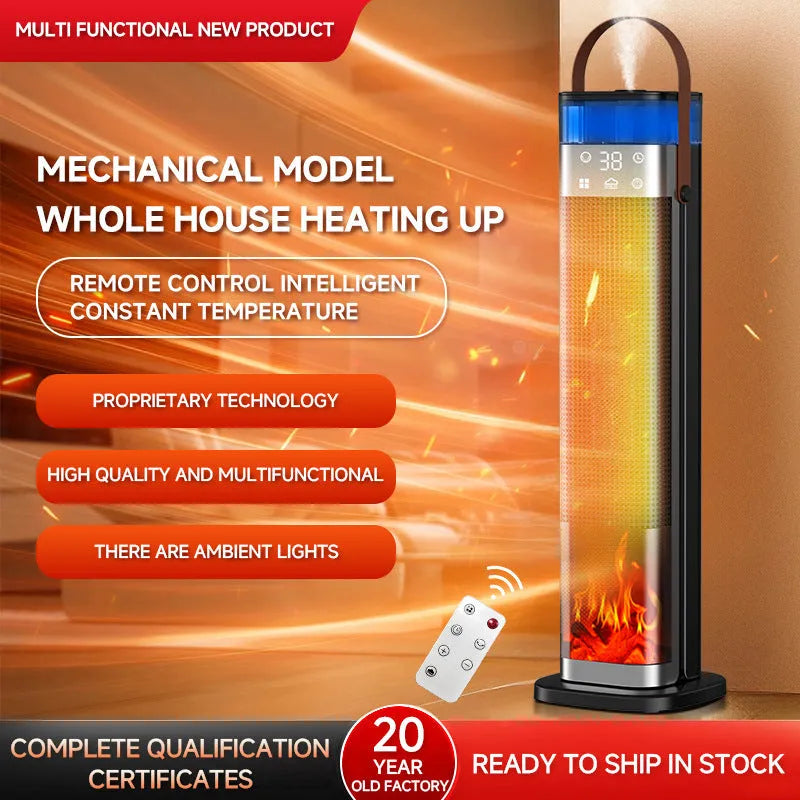 Tall vertical ceramic space heater with humidifier function and remote control on a wooden floor.