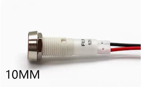 10mm stainless steel bezel plastic indicator light with wire, shown in multiple colour options.