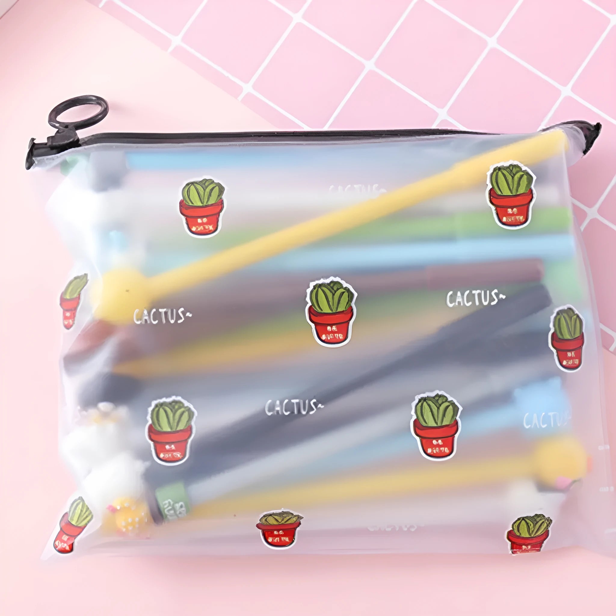 Set of 20 black 0.5mm ballpoint pens with cartoon cactus designs in plastic storage case measuring 21cm by 17cm