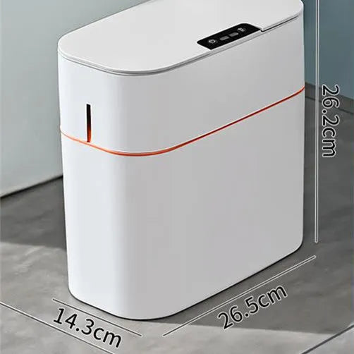 Automatic electric trash bin with inductive sensor, white plastic 15L long barrel shape, USB charging base