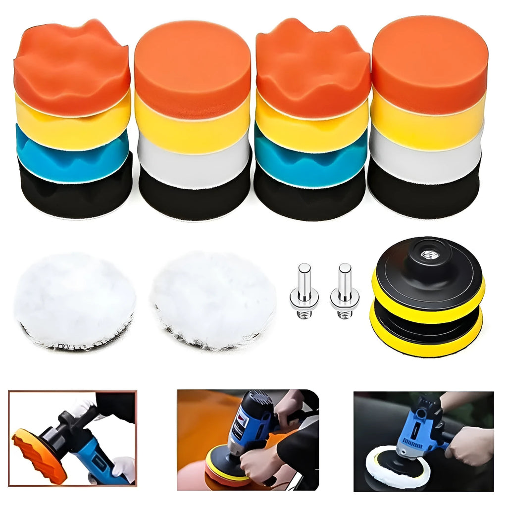 Automotive polishing pad set for waxing, polishing, and sealing, compatible with pneumatic and electric polishers