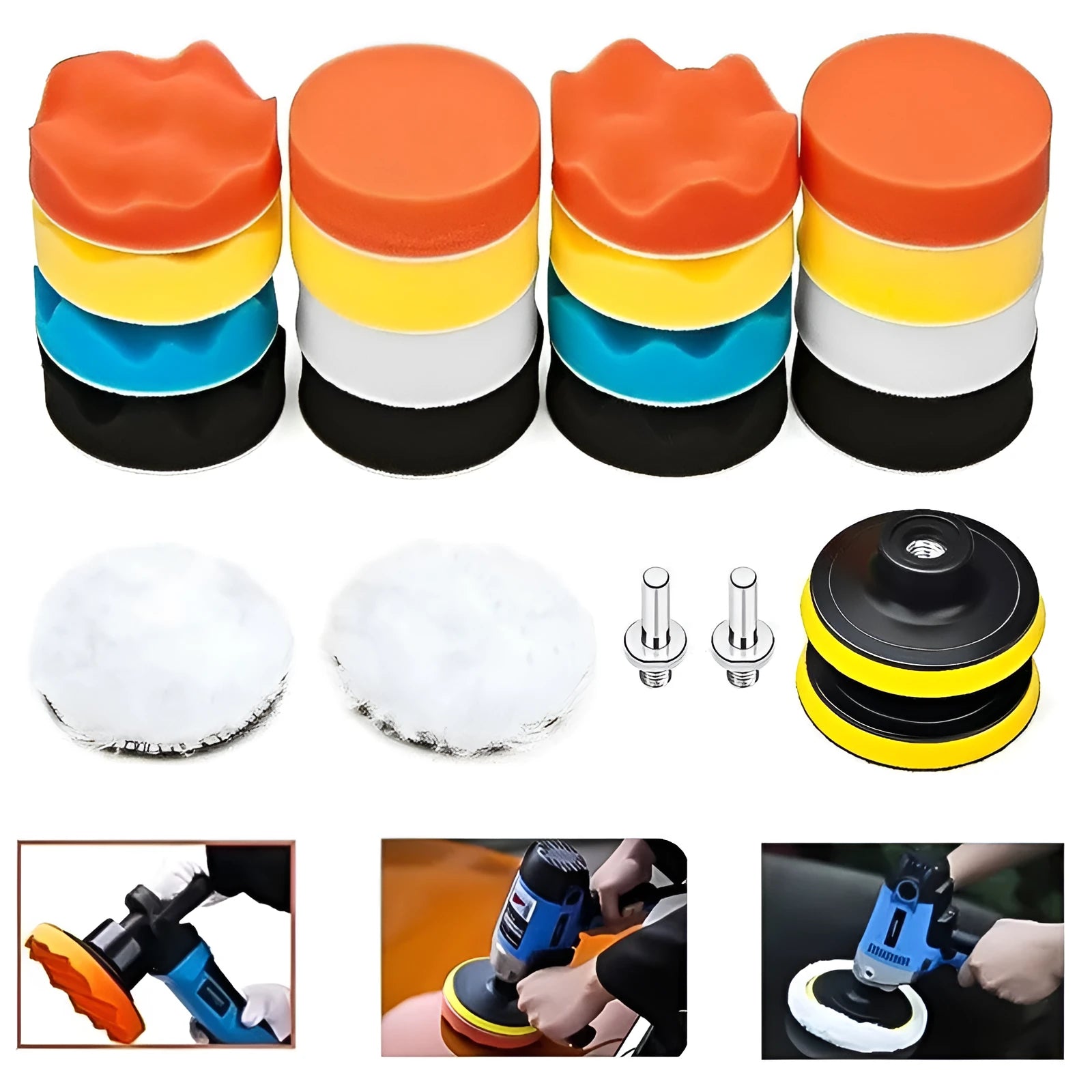 Automotive polishing pad set for waxing, polishing, and sealing, compatible with pneumatic and electric polishers