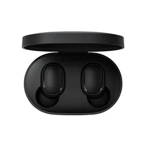 Redmi AirDots black true wireless earbuds next to their white charging case.