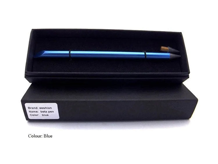Silver inkless metal pen with 0.5mm nib, spare nib, and black pen bag on wooden table.