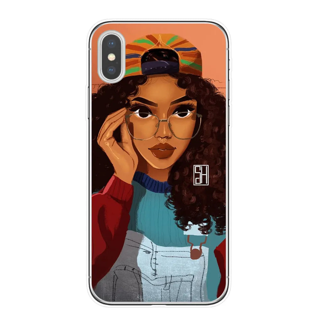 Hand drawn girl girl phone case soft TPU cover for iPhone showing colourful artwork and cutouts