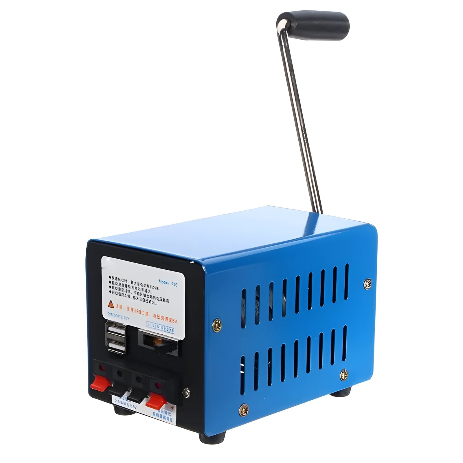 Blue metal hand crank emergency generator with USB port for charging devices