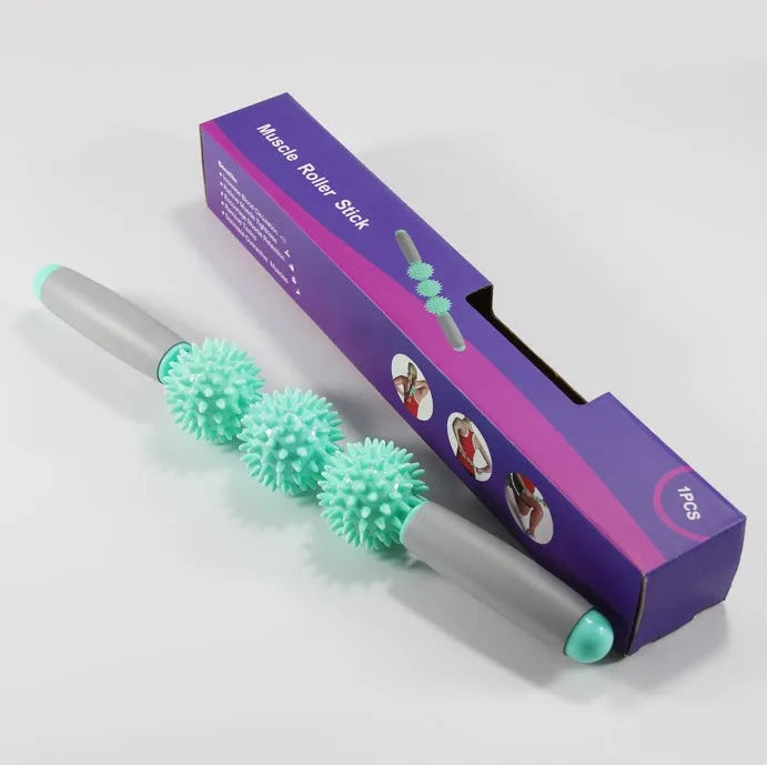 Anti-cellulite massager stick with hedgehog-shaped trigger point balls and ergonomic handle