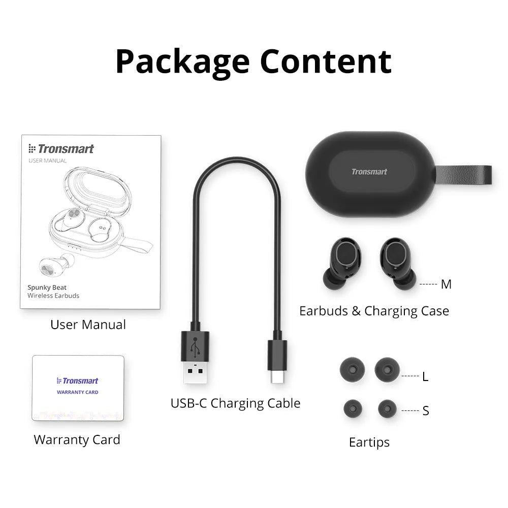 Tronsmart Spunky Beat wireless Bluetooth earphones in SetA or SetB colours showing touch controls.