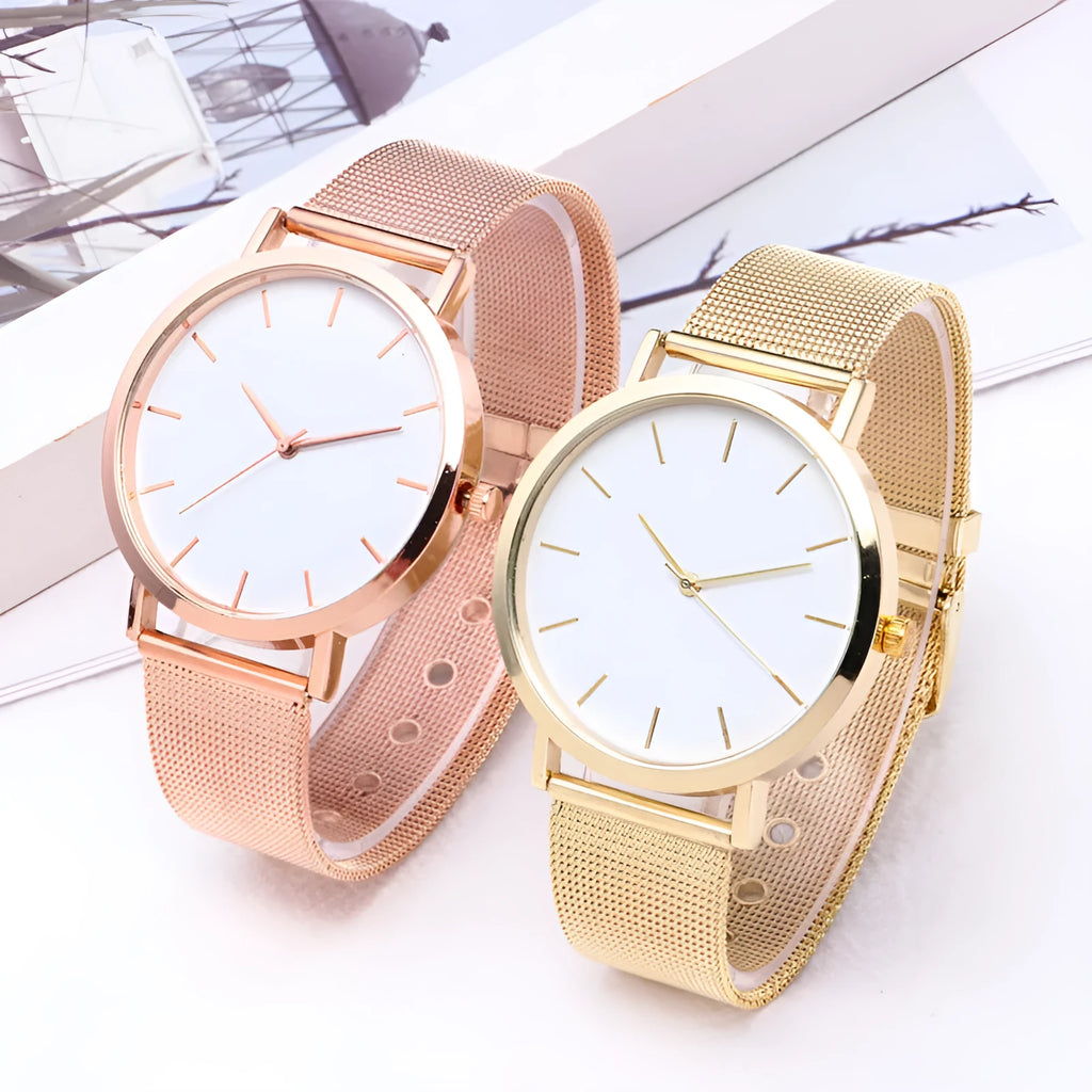 Simple ladies quartz watch with alloy case and stainless steel strap on wrist