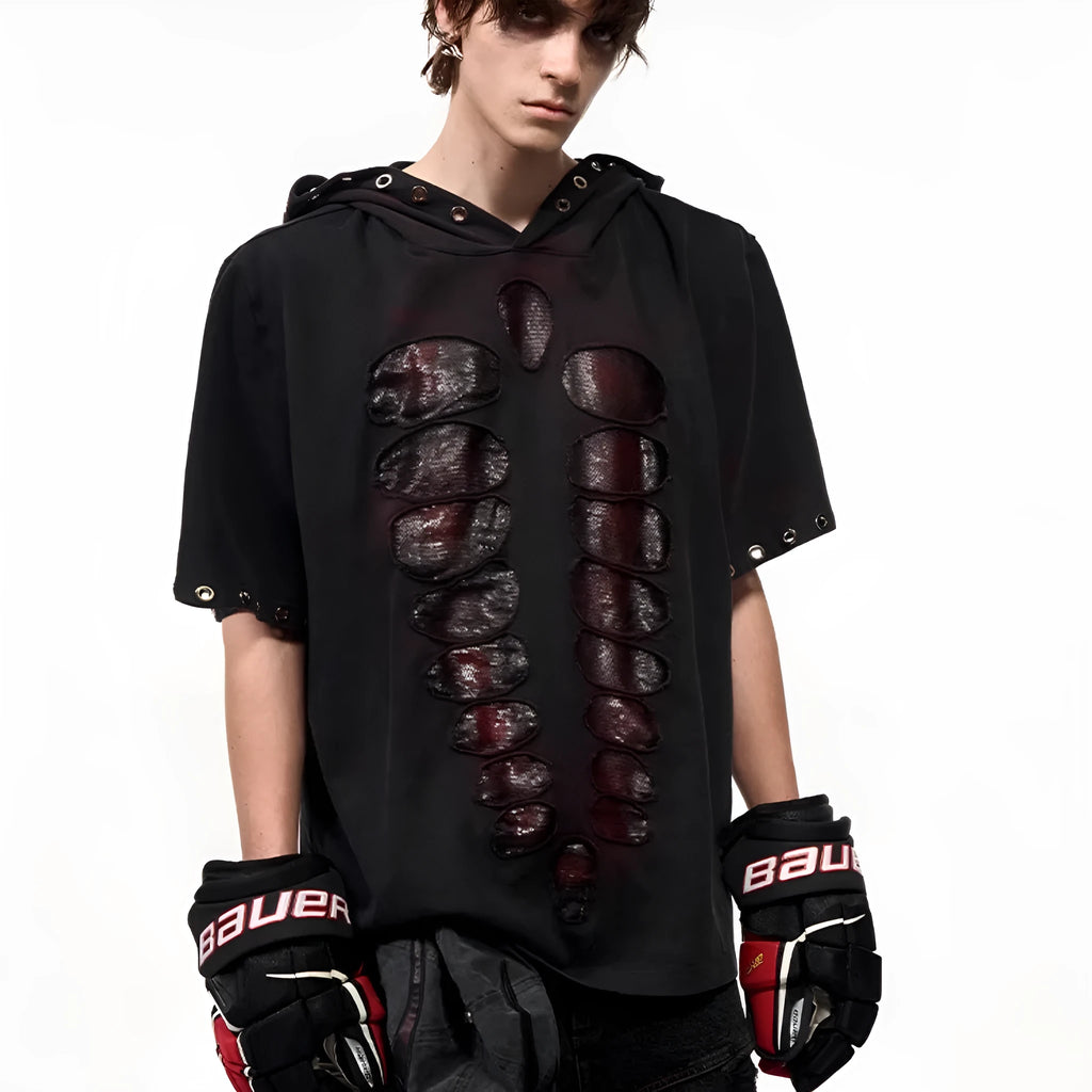 Black men's hooded T-shirt with short sleeves and sequin decoration.
