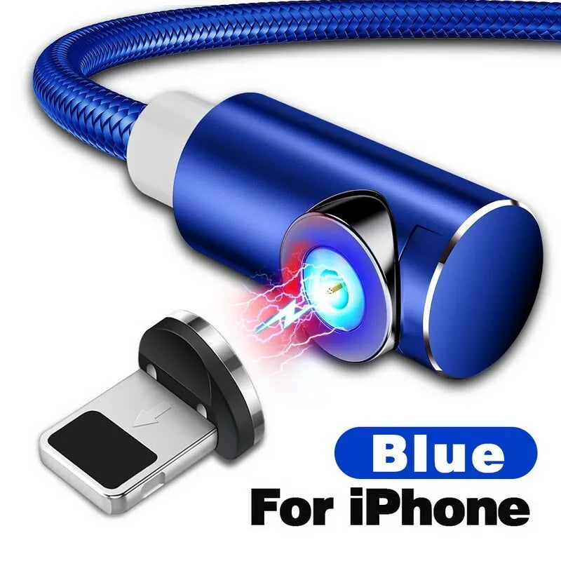 Black L-shaped magnetic charging cable with aluminium connectors for Micro USB, Lightning, and Type-C phones.