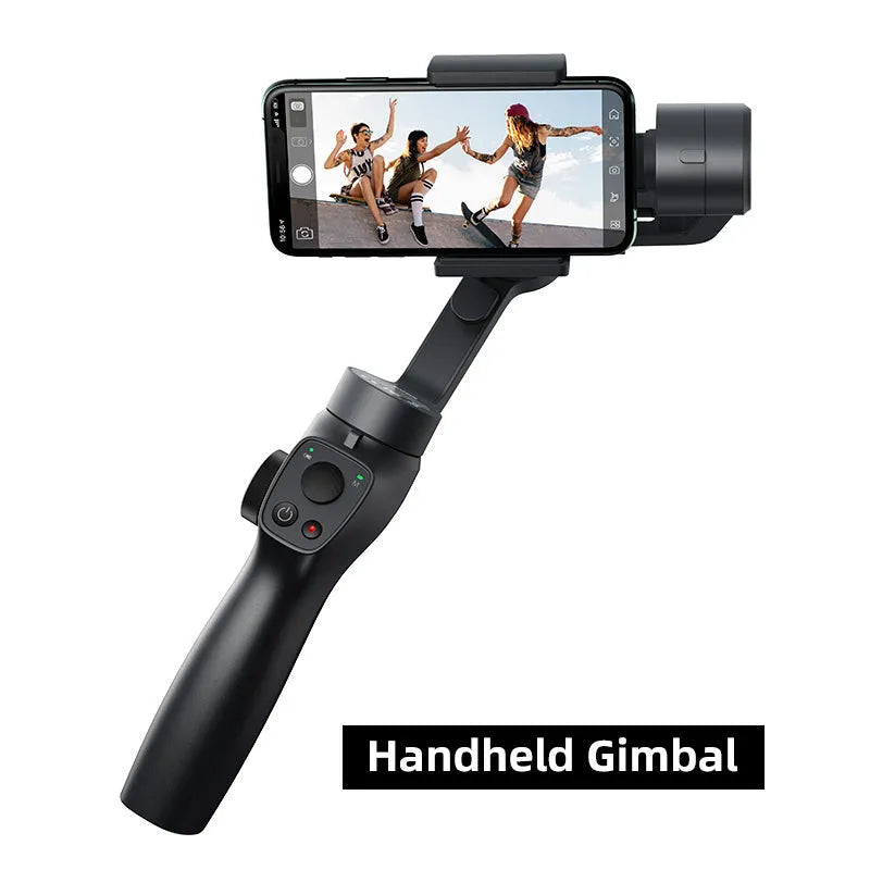 Black handheld three-axis stabiliser for mobile phones with ABS+PC frame and clamp open for a smartphone