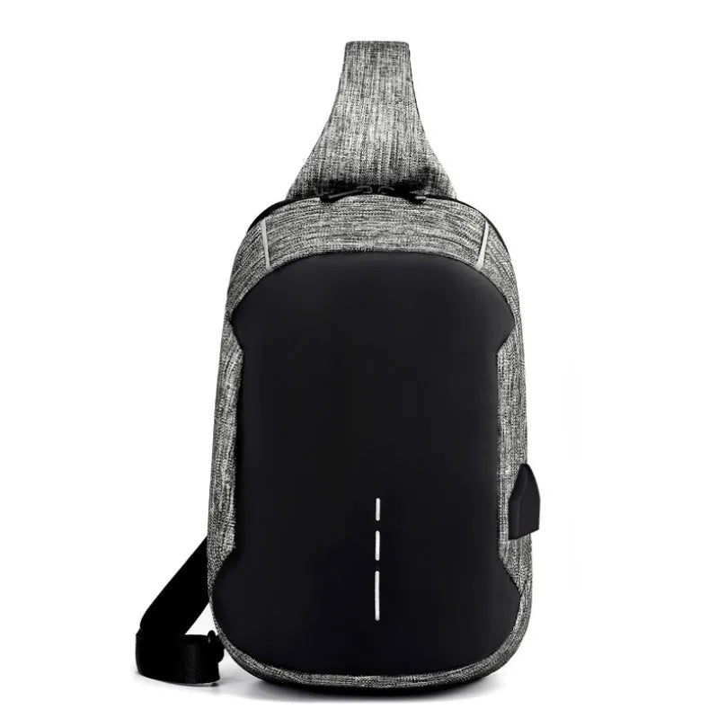 Small dark blue Oxford cloth chest bag with zipper closure showing internal phone compartment