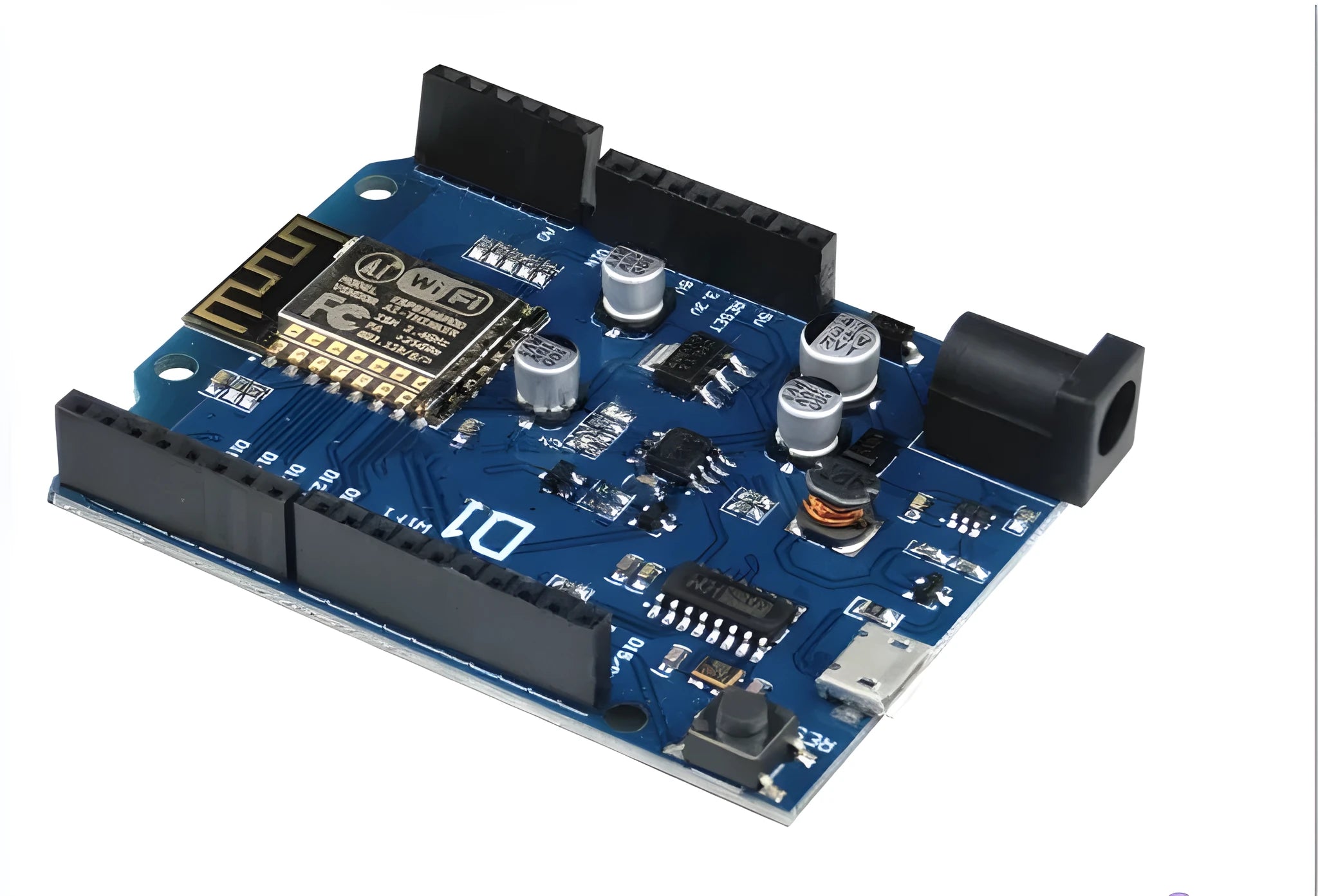 ESP-8266EX WiFi development board with Arduino compatibility and onboard power supply.